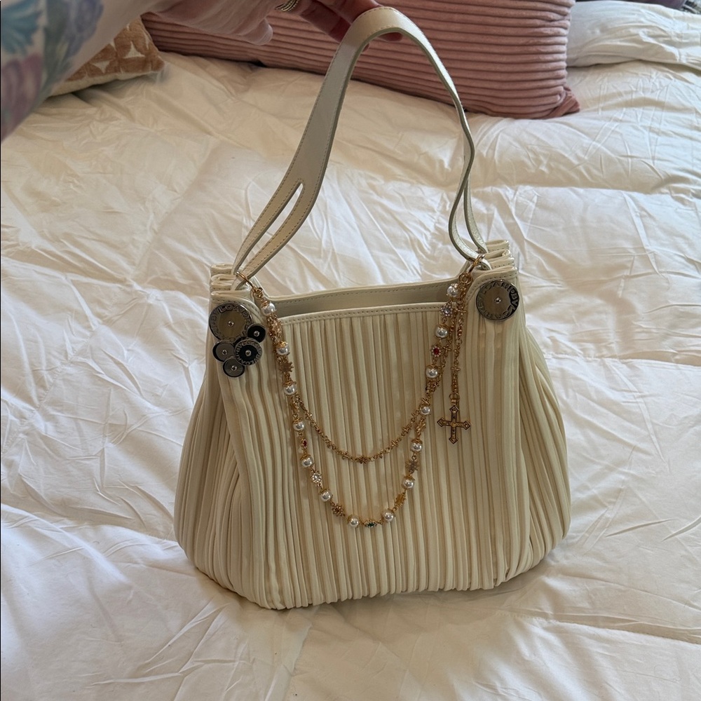 Bvlgari Cream Pleated Shoulder Bag with Gold Charm Chains